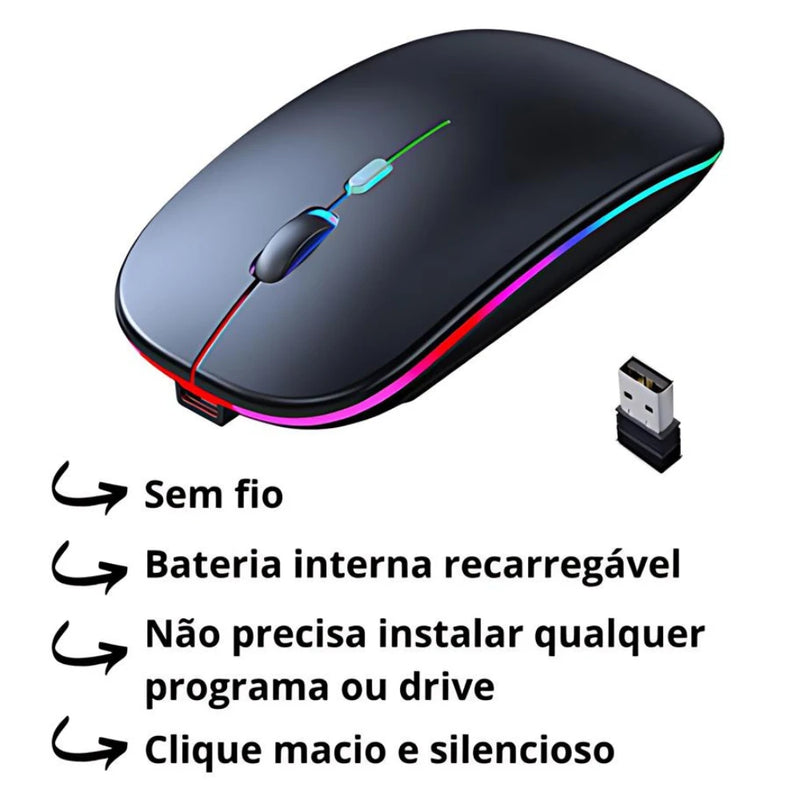 Mouse Completo - Wireless Recarregável Led Sem Fio.