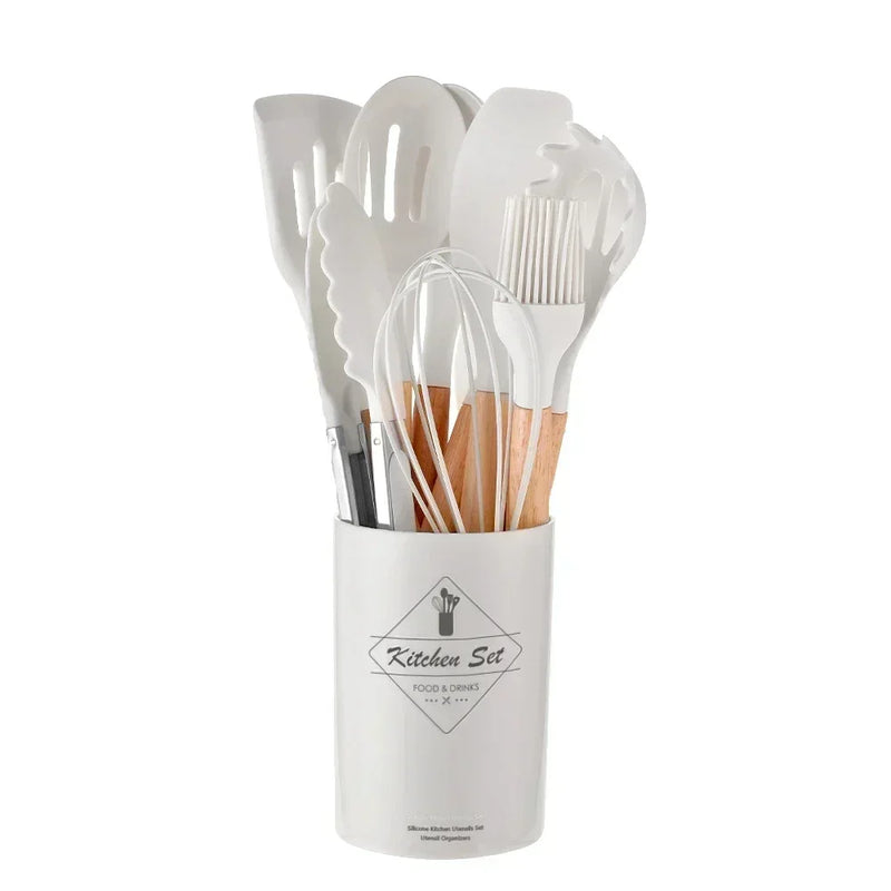 Kit C/12 Utensílios de cozinha silicone cabo madeira