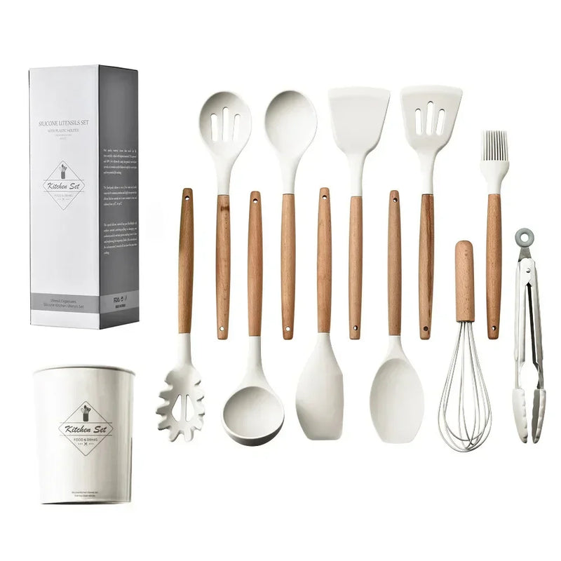 Kit C/12 Utensílios de cozinha silicone cabo madeira